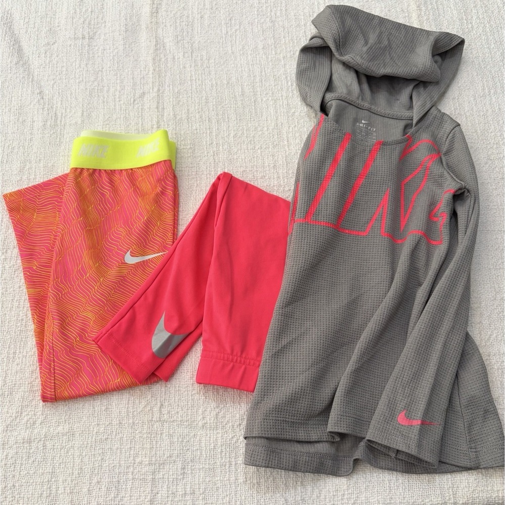 Nike Girls 4/5 Hoodie Leggings Outfit Set 3pc Grey Pink Orange Athletic